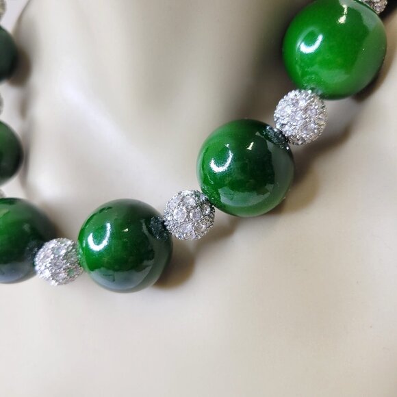 Green Bead Necklace Choker with Crystal Beads - Picture 8 of 14